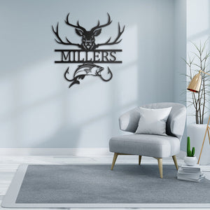 Personalized Deer Hunting And Fishing Metal Monogram Sign