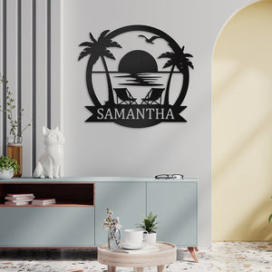 Custom Sunset Beach Palm Tree Metal Sign for Ocean Lovers